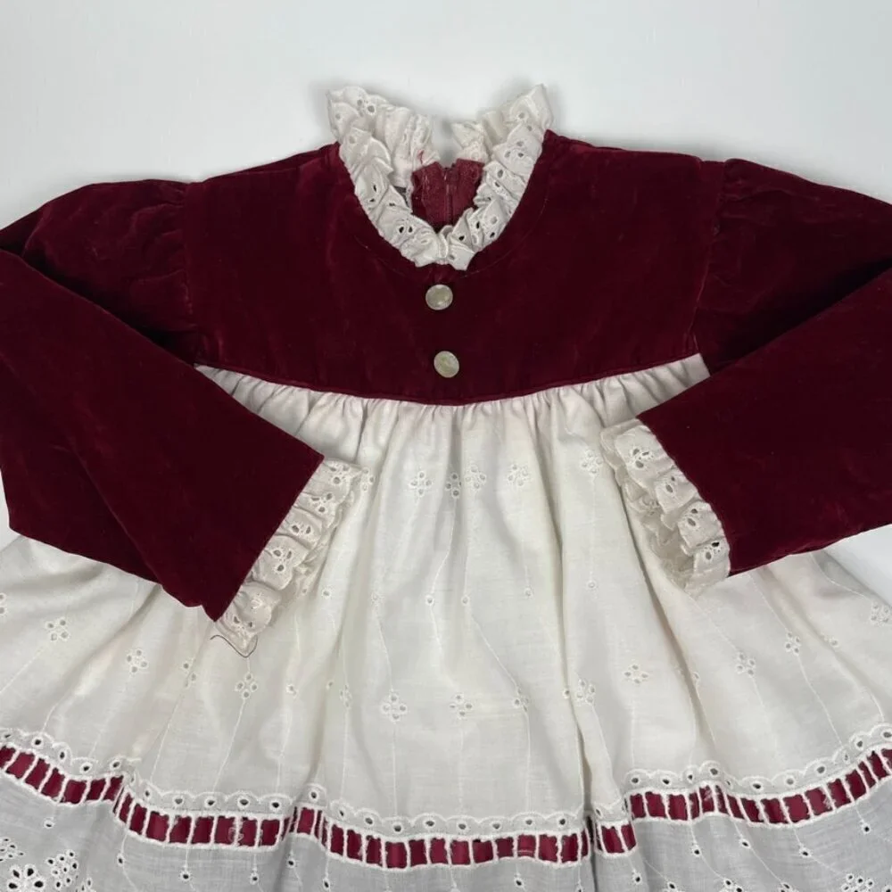 Vintage R-Gee Baby Maroon Velvet and White Eyelet Lace Christmas Dress Size 12M